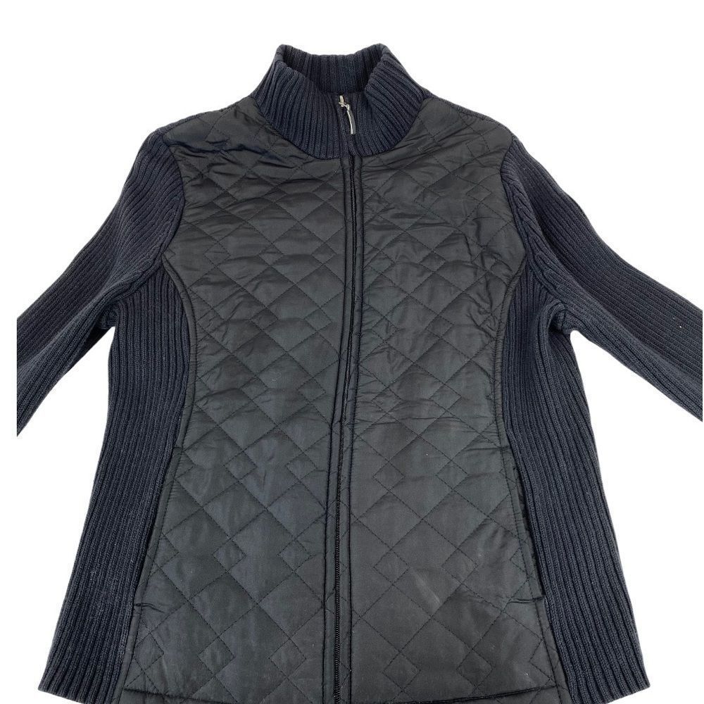 front zip black fitted sweater jacket w quilting